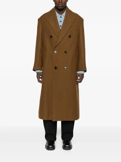 Ami Alexandre Mattiussi Double-breasted Coat Featuring Back Vent And Notched Lapels In Brown