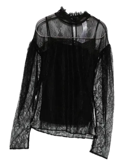 Twinset Long-sleeved Black Lace Overlay Top In Black