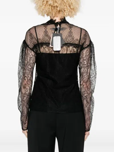 Twinset Long-sleeved Black Lace Overlay Top In Black