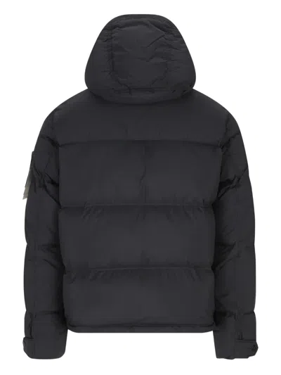 Stone Island Blue Down Jacket With Drawstring Hood And Logo Patch On The Sleeve In Tech Fabric Man In Black
