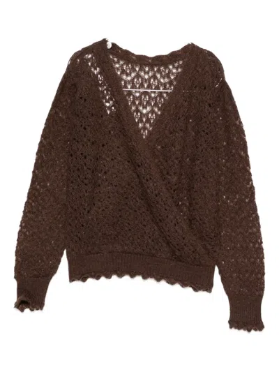 Twinset Wrap-style Open-knit Sweater With Scalloped Edges In Brown