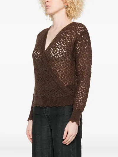 Twinset Wrap-style Open-knit Sweater With Scalloped Edges In Brown