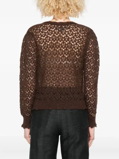 Twinset Wrap-style Open-knit Sweater With Scalloped Edges In Brown