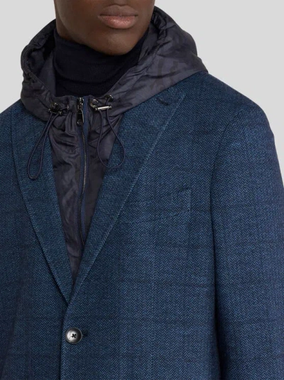 Etro Herringbone Removable-hood Jacket In Blue