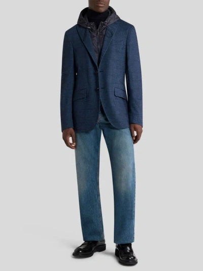 Etro Herringbone Removable-hood Jacket In Blue