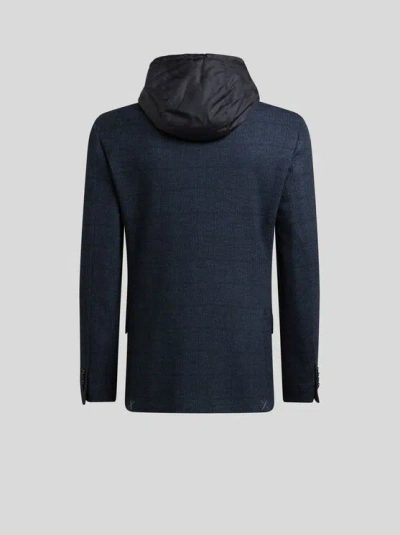 Etro Herringbone Removable-hood Jacket In Blue