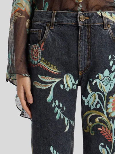 Etro Blue Jeans With All-over Painted Flowers In Denim Woman In Black