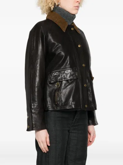 The Jackie Leathers Corduroy-collar Leather Jacket In Brown