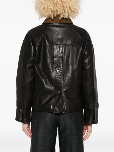 The Jackie Leathers Corduroy-collar Leather Jacket In Brown