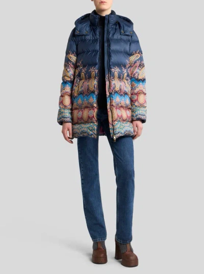 Etro Long Hooded Quilted Jacket With Paisley Pattern In Multi