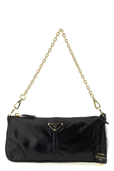 Prada Re-edition 2002 Medium Shiny Finish Leather Shoulder Bags In Black