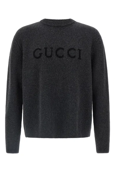 Gucci Grey Crewneck Sweater With Logo Lettering Embroidery On The Front In Wool Man In Gray