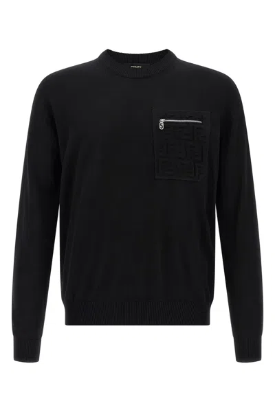 Fendi Regular Fit Wool Blend Pullover With Pockets In Black