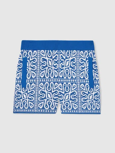 Reiss Blue/white 3-9 Yrs Tile Pattern Knit Shorts In Blue
