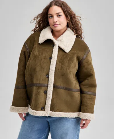 And Now This Trendy Plus Size Faux Suede Sherpa Jacket, Macy's Exclusive In Green