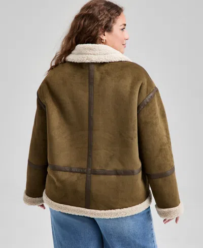 And Now This Trendy Plus Size Faux Suede Sherpa Jacket, Macy's Exclusive In Green
