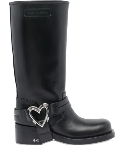 Mach&mach Heart Detail Knee-high Block Heel Boots In Black