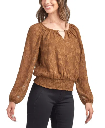 Bcx Juniors' Solid Burnout Long Sleeve Top In Brown