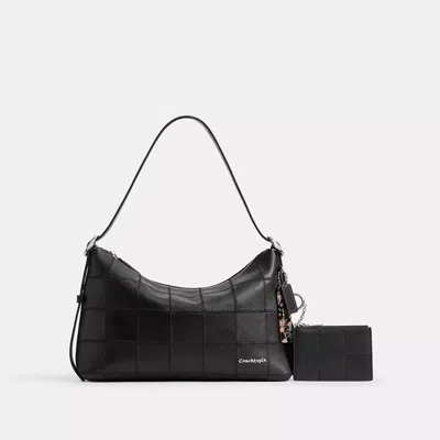 Coach Zip Card Case With Key Ring In Checkerboard Upcrafted Leather In Black