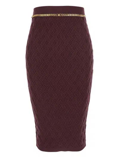 Elisabetta Franchi Diamond Knit Skirt With Merlot Jewel Detail In Brown