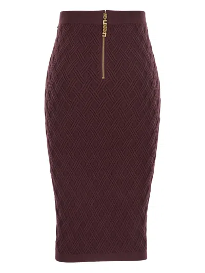 Elisabetta Franchi Diamond Knit Skirt With Merlot Jewel Detail In Brown
