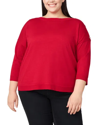 Melissa Paige Plus Size Button-trim Drop-shoulder Sweater In Red