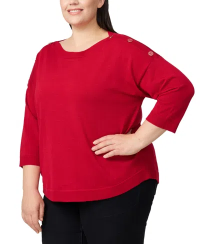 Melissa Paige Plus Size Button-trim Drop-shoulder Sweater In Red