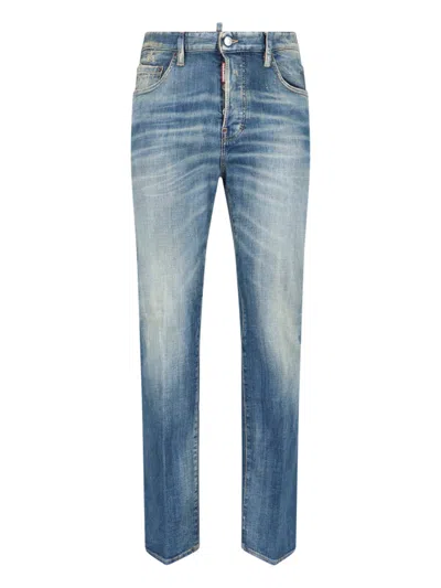 Dsquared2 Men Blue Jeans With Logo Patch On The Rear And Distressed Effect In Denim Man In Blue