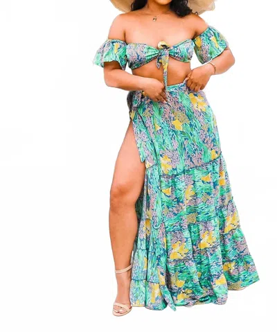 Surelymine Get Away Printed Wrapped Maxi Skirt Set In Multi In Green