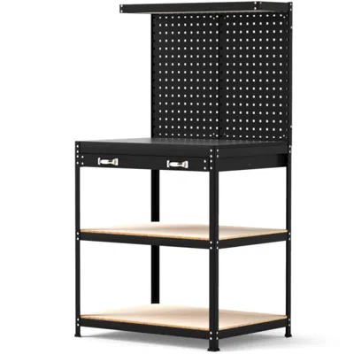 Hivvago 32 X 16 Inch Workbench Work Table With 2 Pcs Pegboard Drawer And Shelves In Black