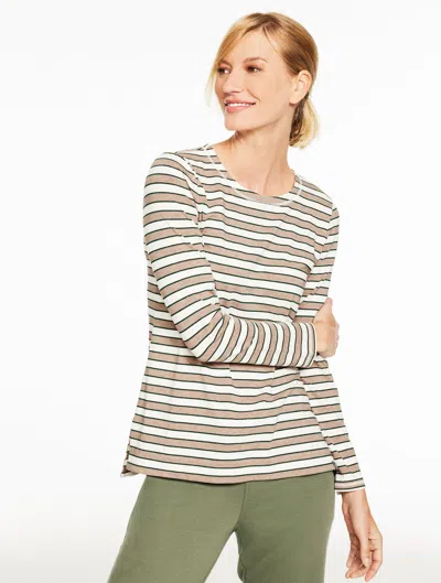 Talbots Plus Size - Supersoft Jersey Crewneck T-shirt - Battersea Stripe - Dusty Mocha Heather/ivory - 3x Ta In Neutral