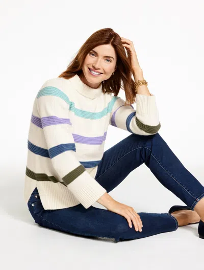 Talbots Plus Size - Soft Cable Knit Mockneck Sweater - Multi Stripe - Ivory - 2x  In White