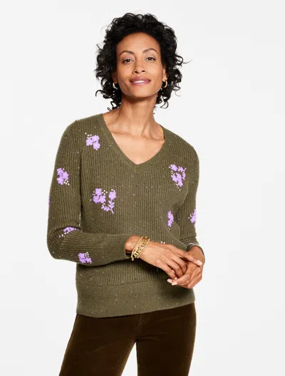 Talbots Plus Petite - V-neck Sweater - Textured Flower - Deep Moss Heather - 3x  In Animal Print