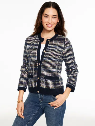 Talbots Petite - Sparkle Tweed Crewneck Cardigan Sweater - Dark Blue - Medium  In Multi