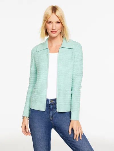Talbots Plus Petite - Textured Bomber Cardigan Sweater - Light Soft Jade Heather - 3x  In Blue