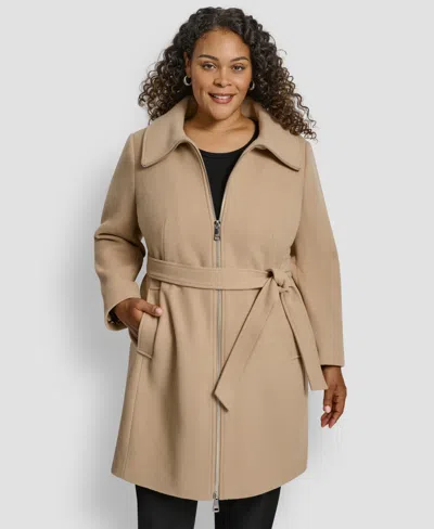 Dkny Plus Size Belted Zip-up Wool Coat In Brown