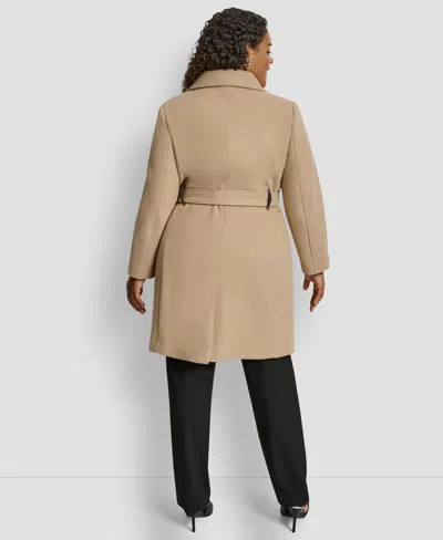 Dkny Plus Size Belted Zip-up Wool Coat In Brown
