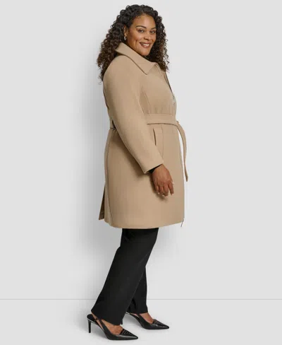Dkny Plus Size Belted Zip-up Wool Coat In Brown