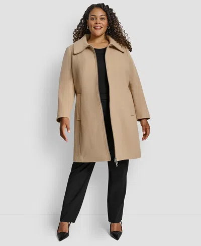 Dkny Plus Size Belted Zip-up Wool Coat In Brown