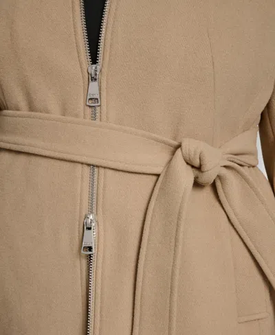 Dkny Plus Size Belted Zip-up Wool Coat In Brown