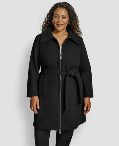 Dkny Plus Size Belted Zip-up Wool Coat In Black