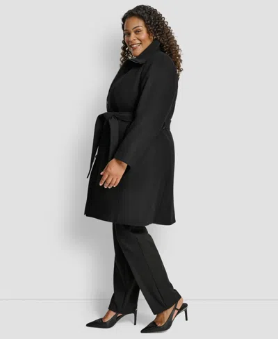 Dkny Plus Size Belted Zip-up Wool Coat In Black