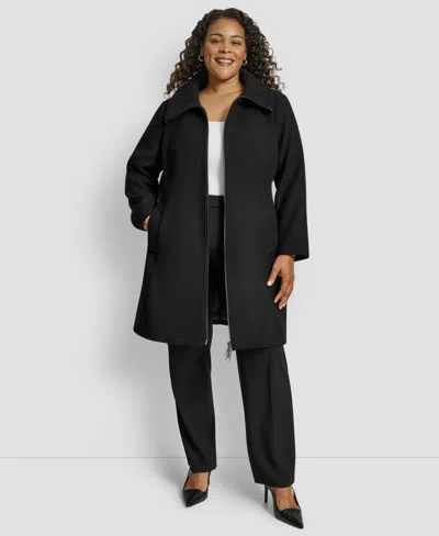 Dkny Plus Size Belted Zip-up Wool Coat In Black