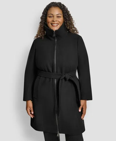 Dkny Plus Size Belted Zip-up Wool Coat In Black