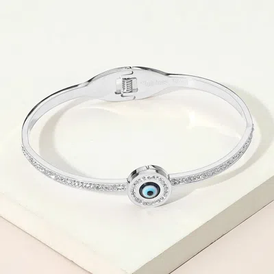 Fashnzfab Stainless Steel Evil Eye Cz Stone Accent Hinged Bangle Bracelet Silver In Silver