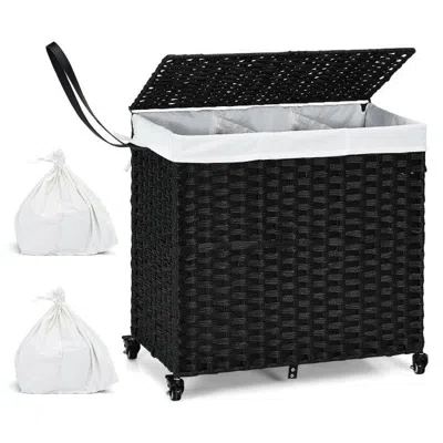 Hivvago Black 3 Bin Linen Lined On Wheels Pr Rattan Laundry Hamper In Black