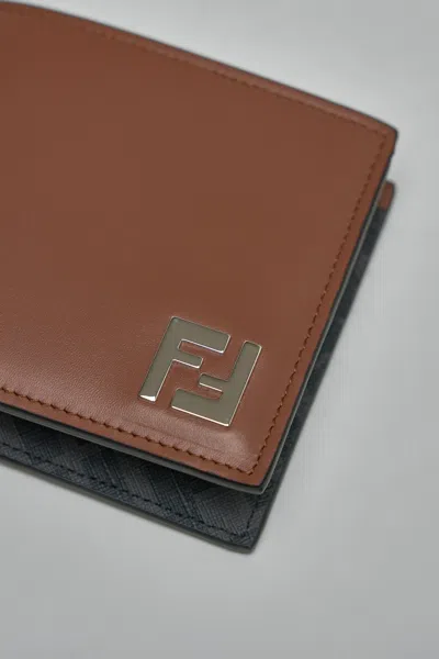 Fendi Leather And Ff Canvas Compact Bi-fold Wallet In Brown
