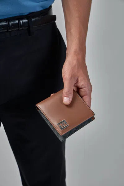 Fendi Leather And Ff Canvas Compact Bi-fold Wallet In Brown