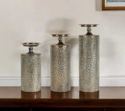 Hivvago Set Of Three Bronze Distressed Abstract Metal Tabletop Pillar Candle Holders In Neutral