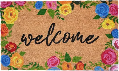 Hivvago 17" X 29" Natural Blue Pink And Yellow Floral Welcome Outdoor Coir Door Mat In Brown